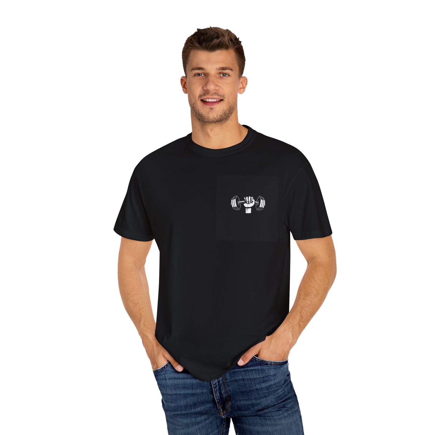 Strength Training Unisex Garment-Dyed T-Shirt - Black Dumbbell Design